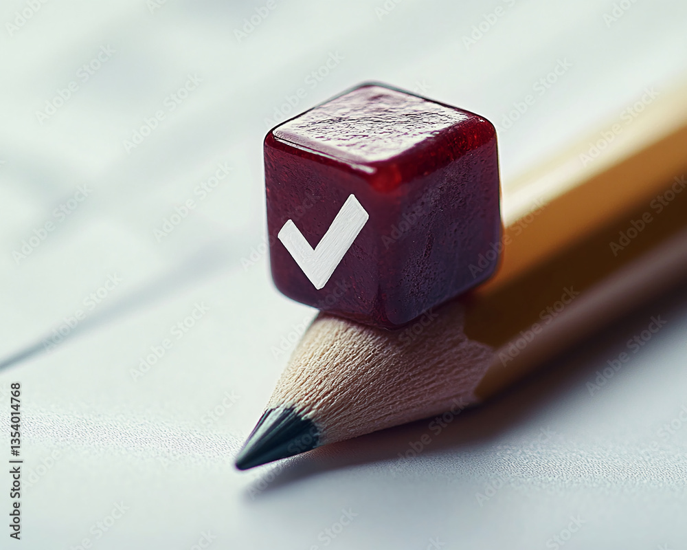 Poster close-up of red cube with white checkmark on pencil, suggesting completion or approval. concept show