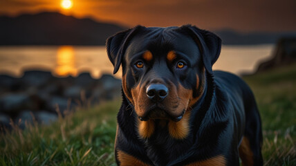 Fototapeta premium majestic Rottweiler stands proudly in grassy field during sunset, with serene lake and mountains in background. dog expressive eyes reflect warm hues of setting sun, creating captivating scene