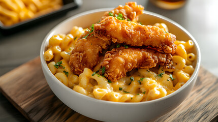 Mac and Cheese Fries with Fried Chicken Tender