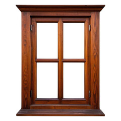 Obraz premium A rustic, rich mahogany window, inviting a gentle breeze and sunlight into a cozy cottage, its multiple panes creating a charming, detailed view, transparent background.