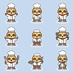 Illustrations of cute Sloth chef mascot cartoon character. Vector Illustration Collection of Sloth icon isolated. This is Vector Illustration.