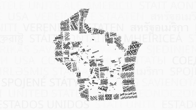 Wisconsin intro animation. State with counties illustration video. Background with state names in various languages. Counties of Wisconsin animation. Vibrant video.