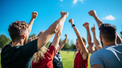 A joyful group of friends in athletic wear, celebrating after a team victory, high-fiving and cheering with their hands lifted in the air, green field background under a clear blue