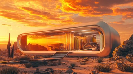 3D view of a futuristic house with sleek metallic design elements, placed in a desert setting under a vibrant orange sky