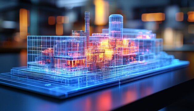 This image presents a sophisticated digital twin visualization of complex factory equipment, leveraging IoT technology and cloud-based analytics for enhanced monitoring and optimization The intricate