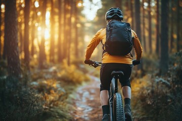 Cyclist riding through a sunlit forest trail