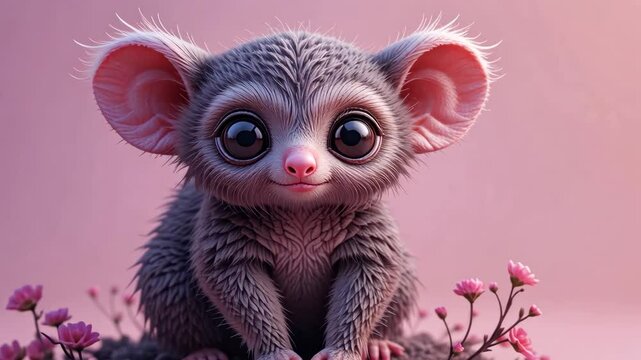 Adorable Baby Animal With Large Eyes and Pink Ears Against Pink Background with Flowers