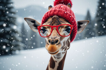 giraffe wearing a red hat and glasses in the snow