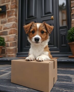 Curious dog sniffs a parcel box on the doorstep