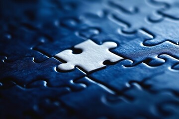 Close-up of a single white puzzle piece fitting into a dark blue jigsaw puzzle.