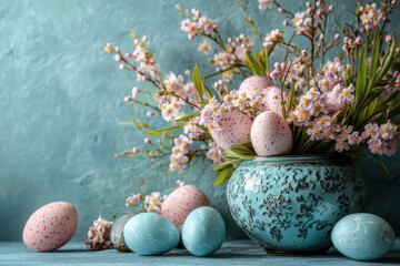 Obraz premium Pastel Easter Eggs and Blossoms in a Decorative Vase