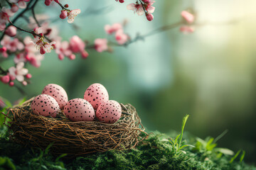 Pink speckled Easter eggs nestled in a bird's nest, springtime scene.