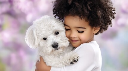 Adorable Child Hugging Fluffy White Puppy  Sweet Friendship