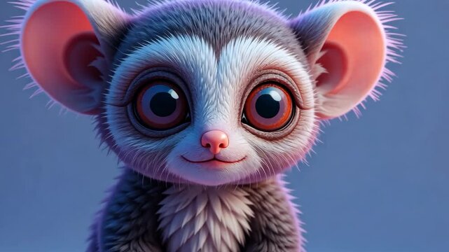 Adorable Cartoon Lemur Portrait With Big Brown Eyes And Soft Fur On Blue Background In Cute Style