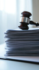 Close-up of a gavel and a stack of papers, symbolizing legal proceedings, justice, or paperwork.  Represents legal processes and documents