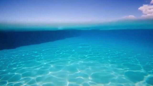 Half underwater view of a crystal-clear turquoise sea in slow motion, showing calm ocean waves above and shimmering light patterns below. Relaxing tropical summer footage

