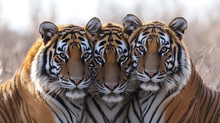 Three Tigers Huddle for Winter Habitat.