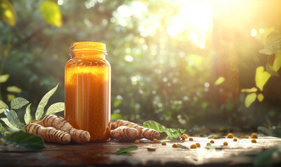 A jar of golden liquid surrounded by fresh turmeric roots and green leaves, illuminated by soft sunlight in a serene forest setting.