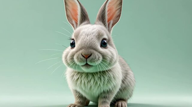 Adorable Grey Bunny Rabbit Portrait With Big Eyes And Fluffy Fur On Pastel Green Background