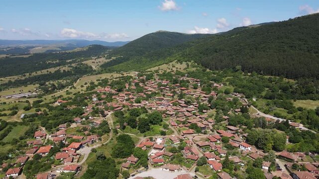 Aerial view of village of Zheravna with nineteenth century houses, Sliven Region, Bulgaria