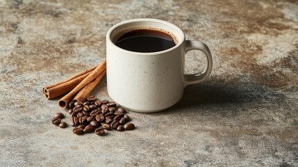 Fototapeta premium A classic white mug of Americano, with a pile of roasted beans and cinnamon sticks on a textured concrete table