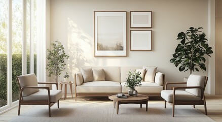 A modern living room featuring a sofa, chairs, and plants, designed for comfort and relaxation.