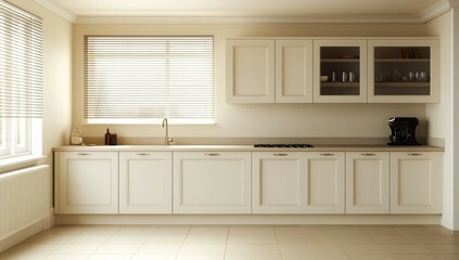 Modern kitchen with beige cabinetry and minimal decor, emphasizing functionality and space.