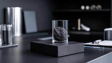 Dark, modern office workspace with a small, dark stone specimen in a glass cylinder