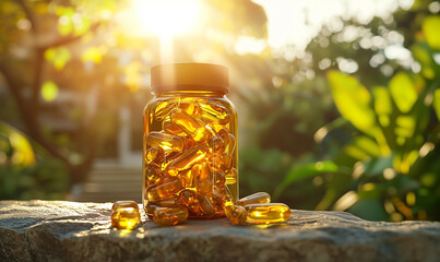 Natural supplements wellness garden herbal capsules and pills outdoor setting bright atmosphere health benefits of vitamins and herbs