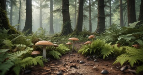 Earthy forest floor with organic mushrooms, ferns and trees , wilderness, earthy