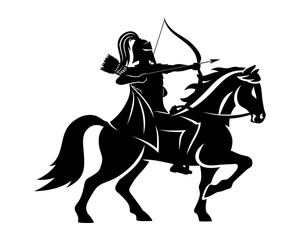 Warrior archer riding a horse on a white background.