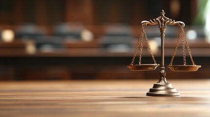 A captivating brass scale of justice elegantly positioned on a polished wooden surface with a blurred courtroom backdrop, symbolizing law and order.