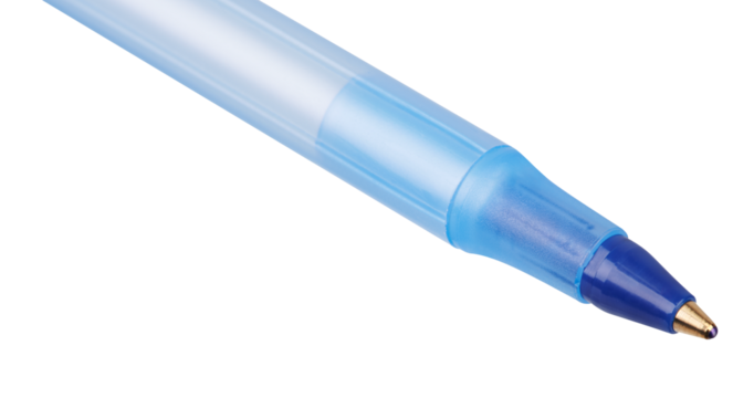 blue plastic ballpoint pen isolated. Close up