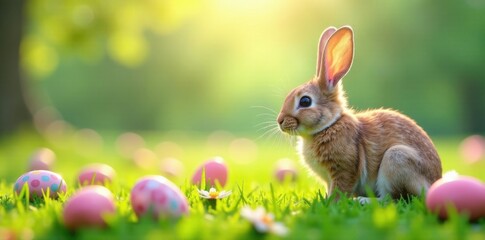 Easter egg-filled meadow with delicate bunny ears, wildlife, landscape