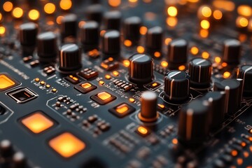 A close up view of an electronic circuit board with knobs