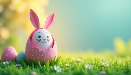 Fototapeta premium Easter egg with paper cut rabbit peeking out , fun, easter egg