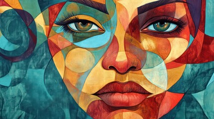 A colorful abstract female face in bold red, teal, and mustard, surrounded by swirling and fragmented shapes