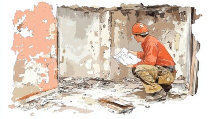 Construction Worker Inspecting Damaged Building Plans Site Assessment