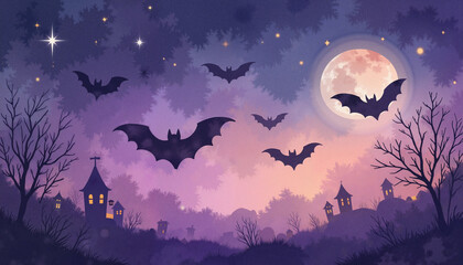 Flying bats in twilight sky with stars, Halloween ambiance