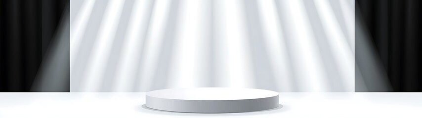 A white stage with curtains and spotlight effect is depicted