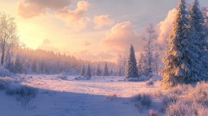 Fototapeta premium Winter Sunset Over Snowy Landscape with Frozen Trees in Saariselka