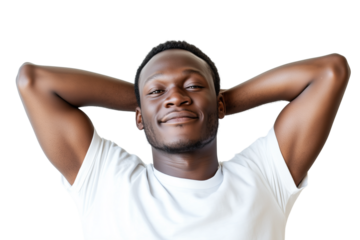 Relaxed young African man in white shirt with hands behind head on white background