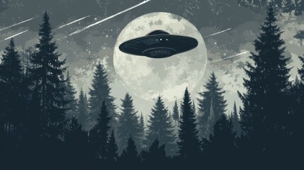 Graphic Illustration of a UFO Over a Forest in Black and White © MDRifat