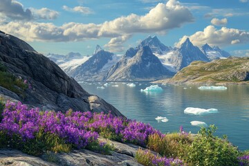 Stunning hyperrealistic view of greenland s rocky shoreline with purple wildflowers and icebergs