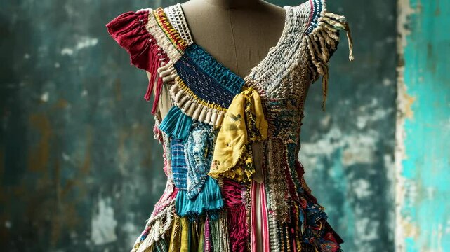 A mannequin with a bohemian-inspired dress made from repurposed fabric scraps and handwoven details. A recycled clothing design close-up.