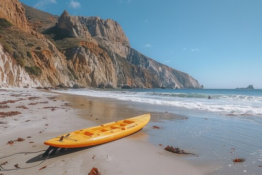 A bright yellow kayak rests on a sandy beach next to ocean - Powered by Adobe
