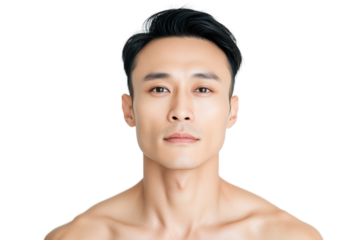 Confident shirtless Asian man with clear skin looking at camera