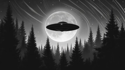 Graphic Illustration of a UFO Over a Forest in Black and White © MDRifat
