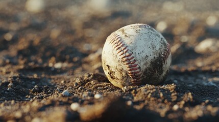 A close-up of a weathered baseball resting on a dusty field, with blurred balls in the background