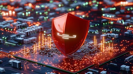 A red, glossy shield sits atop a circuit board, glowing with orange light, symbolizing cybersecurity and digital protection.
